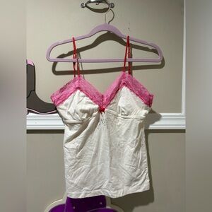 PINK Victoria's Secret Lace Trim Camisole Top Rhinestone Bow White Pink M